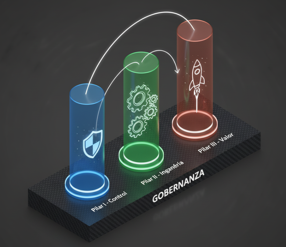 Diagrama 3D de la Metodología PACS mostrando los 3 pilares: Control, Ingeniería y Valor, sobre una base de Gobernanza.